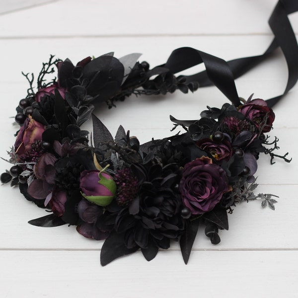 Halloween flower crown Deep purple black wedding Bridal headpiece  Hair wreath Bridesmaid crown Maternity crown