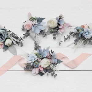 Dusty blue blush pink white flowers Dusty blue wedding accessories Boutonniere Groom Groomsmen buttonhole Corsage