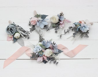 Dusty blue blush pink white flowers Dusty blue wedding accessories Boutonniere Groom Groomsmen buttonhole Corsage