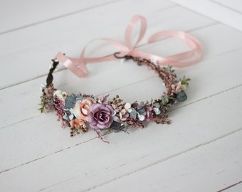 Pastel flower crown Dusty rose wedding Flower girl headpiece Floral hair wreath Wedding halo Maternity  Bridesmaid