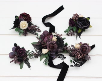 2-5 days to USA Deep purple Black ivory wrist corsage Boutonniere Flower bracelet Boho wedding Fall wedding Halloween wedding