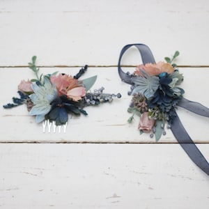 Dusty blue wedding Flower accessories Floral bracelet Bridesmaids corsages Bridal headpiece Bridesmaids comb