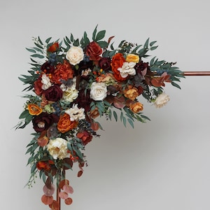 Rust burgundy flowers Flower arch arrangement Wedding corner swag Faux flowers wedding arrangement Orange burgundy fall wedding Corner