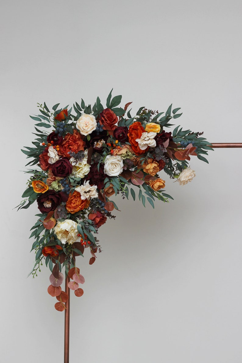 Rust burgundy flowers Flower arch arrangement Wedding corner swag Faux flowers wedding arrangement Orange burgundy fall wedding Corner