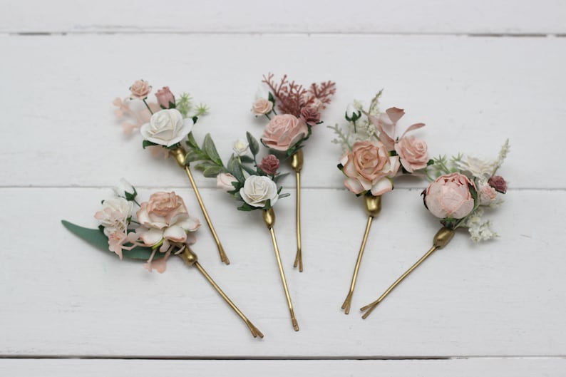 Set of 6 bobby pins Blush pink white accessories Bridal hairpiece Wedding flowers Floral hair pins White floral bobby pins image 2