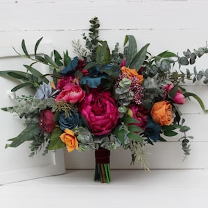 Jewel-tone wedding Emerald green orange magenta teal flowers Bridal bouquet Faux bouquet Boho wedding Wedding flowers