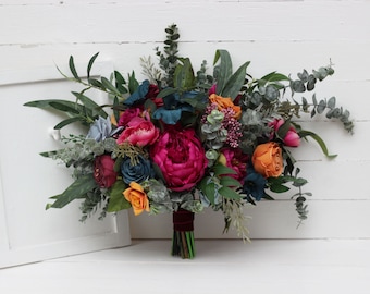 Jewel-tone wedding Emerald green orange magenta teal flowers Bridal bouquet Faux bouquet Boho wedding Wedding flowers