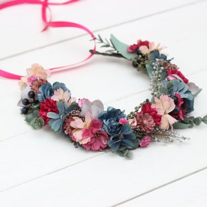 READY! Magenta dusty rose dusty blue  flowers Floral crown Flower girl headpiece Flower crown