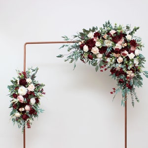 Burgundy wedding Pink peonies Blush pink roses  Flower arch arrangement  Wedding flowers Pergola flowers Faux flowers wedding arrangement