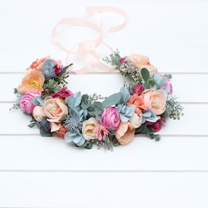 Spring summer wedding Magenta peach coral dusty blue flowers Flower crown Flower girl crown Wedding flowers Bridal flower crown image 3