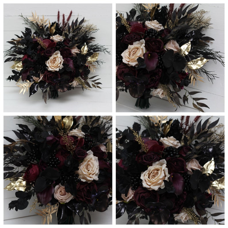 Deep purple black gold beige flowers Fall bridal bouquet Faux bouquet Fall wedding Halloween wedding Silk flowers Boho wedding-size 17 inch image 2