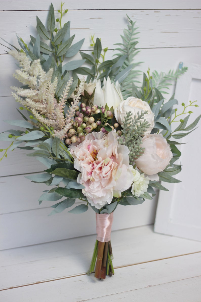 Bridal bouquet Faux bouquet White peony protea eucalyptus Etsy