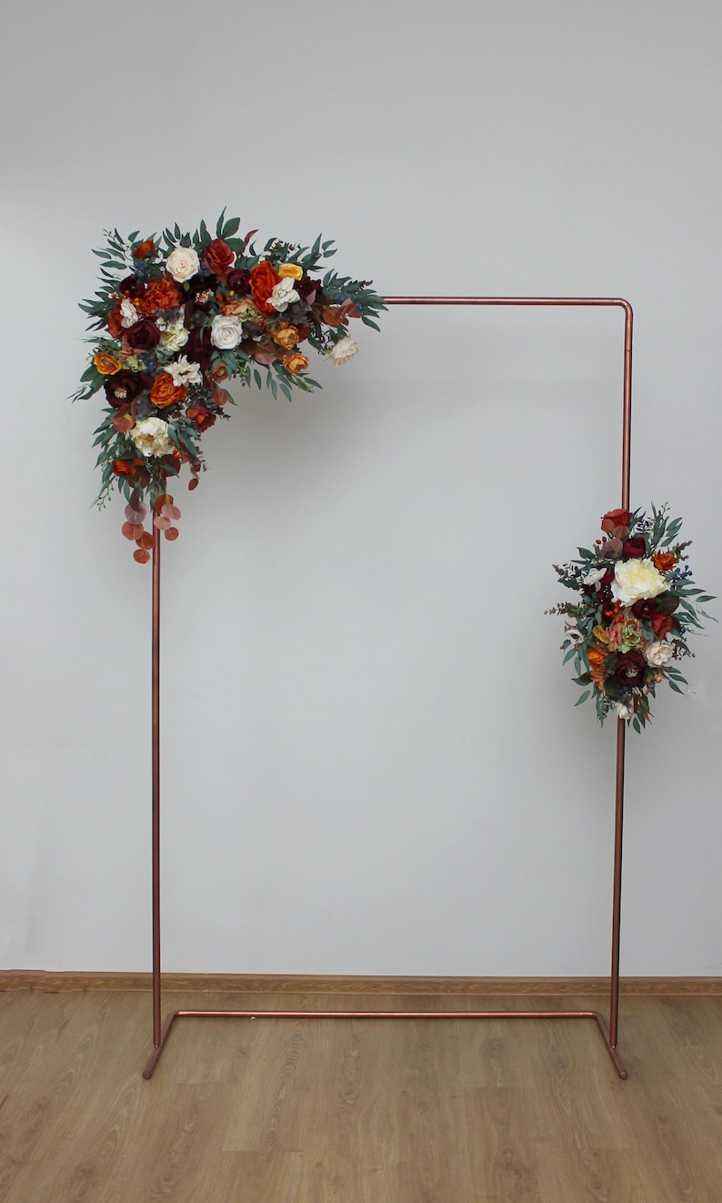 Rust burgundy flowers Flower arch arrangement Wedding corner swag Faux flowers wedding arrangement Orange burgundy fall wedding image 4