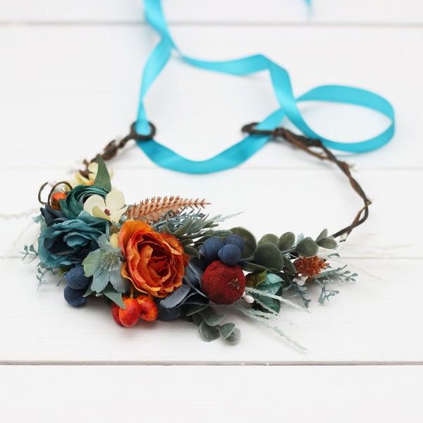 Dark teal rust flowers Navy blue orange accessories Floral crown Flower girl headpiece Flower crown