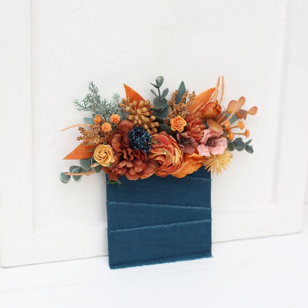 Pocket boutonniere Dark teal rust burnt orange flowers Classic wedding Flower accessories Boutonniere Buttonhole Groom Groomsmen