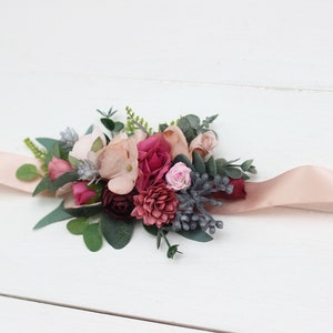 Dusty rose burgundy blue belt Floral sash Dusty rose wedding Flower sash Bridal accessory Flower girl belt Boho wedding immagine 1