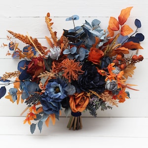 Rust navy blue  bouquet Classic wedding Orange Faux flowers Boho wedding Bridal bouquet Wedding bouquet Fall wedding