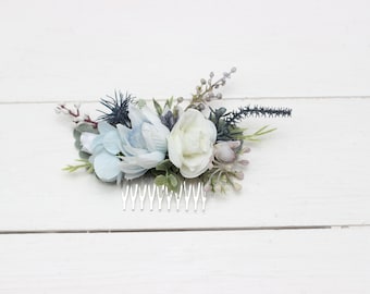 Dusty blue white flower comb Floral headpiece Bridal hair comb Flower accessories Bridesmaid clip Wedding hair piece