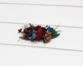 Winter wedding Burgundy navy blue gold flower comb Flower hair accessories Wedding flowers Floral comb