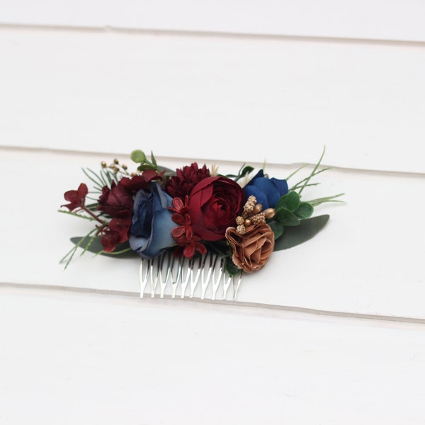 Winter wedding Burgundy navy blue gold flower comb Flower hair accessories Wedding flowers Floral comb