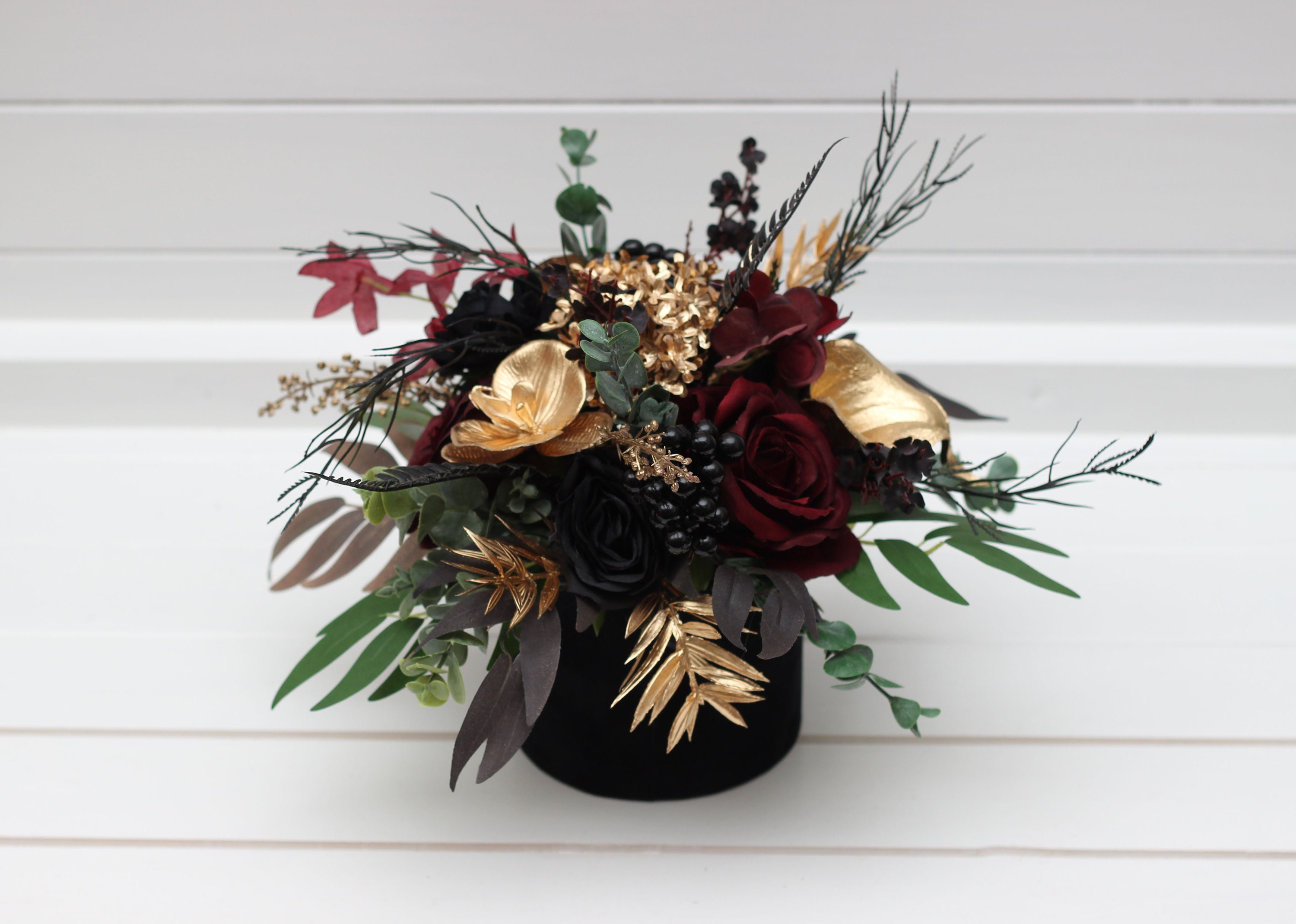 Burgundy black gold flowers Fall wedding Halloween wedding centerpiece Table centerpiece Home floral decor Flowers in box