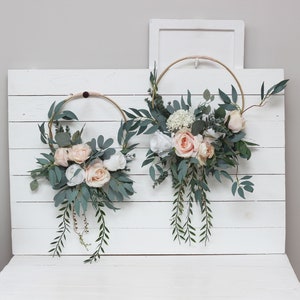 Blush pink white hoop Alternative bridesmaid bouquet Boho wedding Floral backdrop Fall wedding Eucalyptus greenery hoop