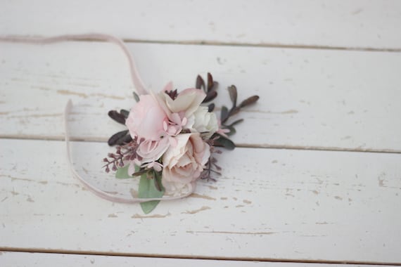 Romantic headband wedding beige Bride cream flowers pink
