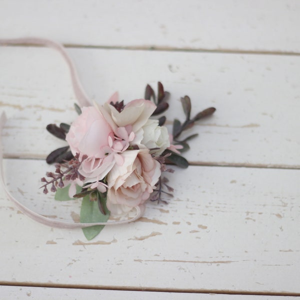 Taupe wedding Beige blush pink flowers wrist corsage Floral wedding bracelet  Bridal accessory Flower girl bracelet Boho wedding