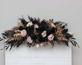 Pink black gold arch arrangement Halloween wedding Boho wedding flowers Faux flowers wedding arrangement Arbor flowers