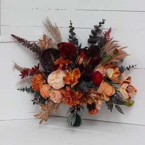 Burnt orange red bridal bouquet Faux bouquet Fall wedding Silk flowers Wedding flowers - width 19 inch