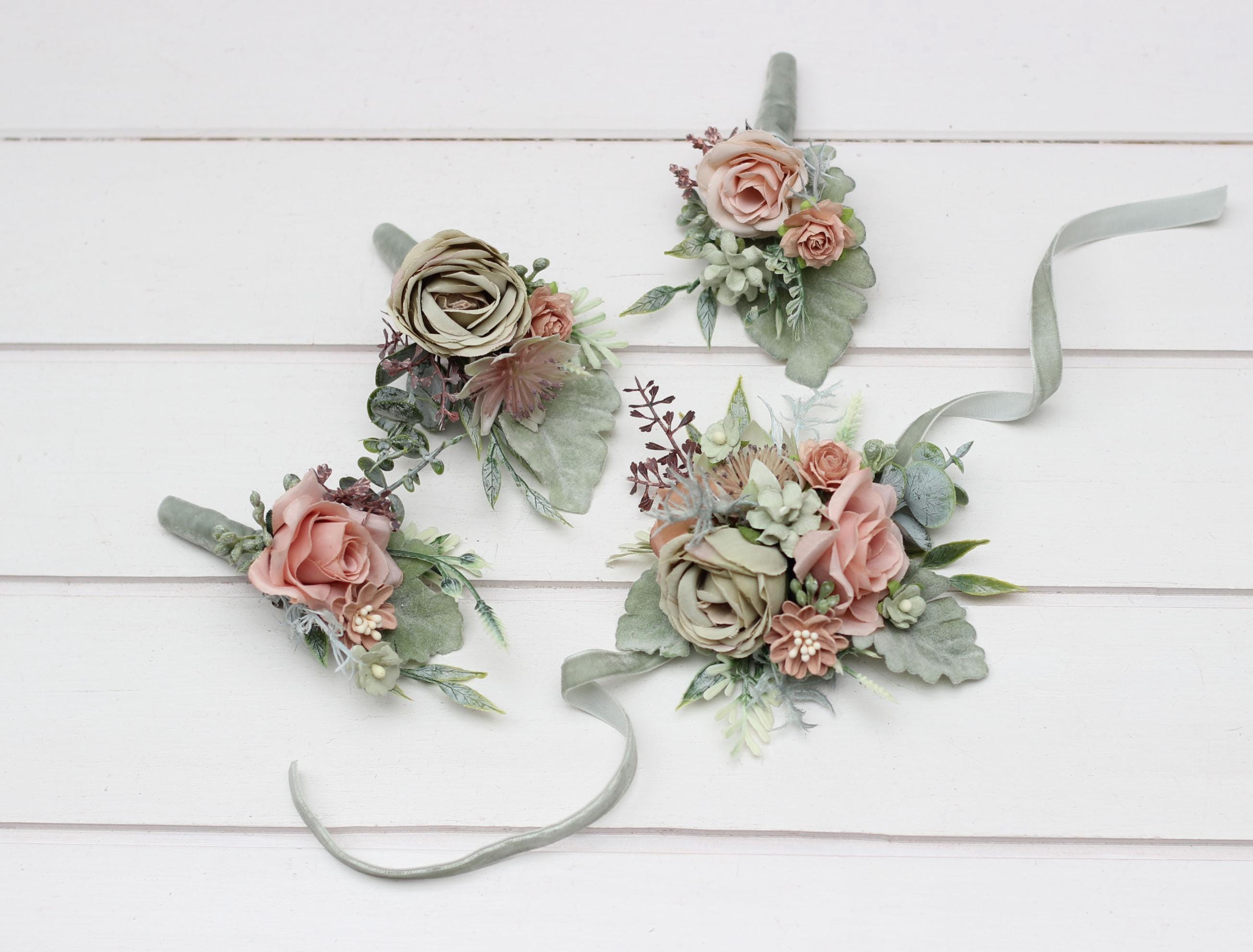 corsage for sage green dress & Dusty Rose Wedding Boutonnieres and Wrist sage green corsage and boutonniere