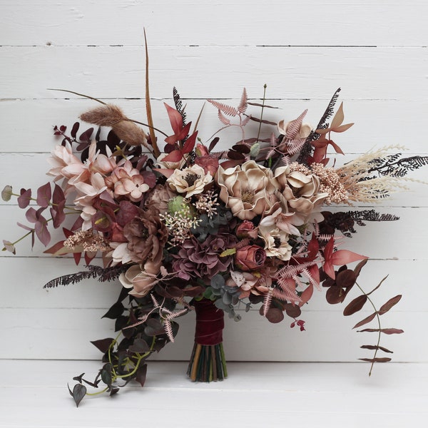 Boho bouquet Beige brown mocha burgundy flowers Bridal bouquet Faux bouquet Fall wedding  Faux blooms Boho wedding Magnolia bouquet