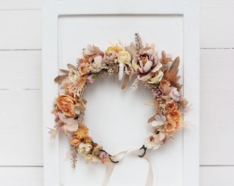 Beige orange flower crown Boho wedding Bridal floral headband Wedding hair wreath Hair flowers Bridesmaid crown Maternity