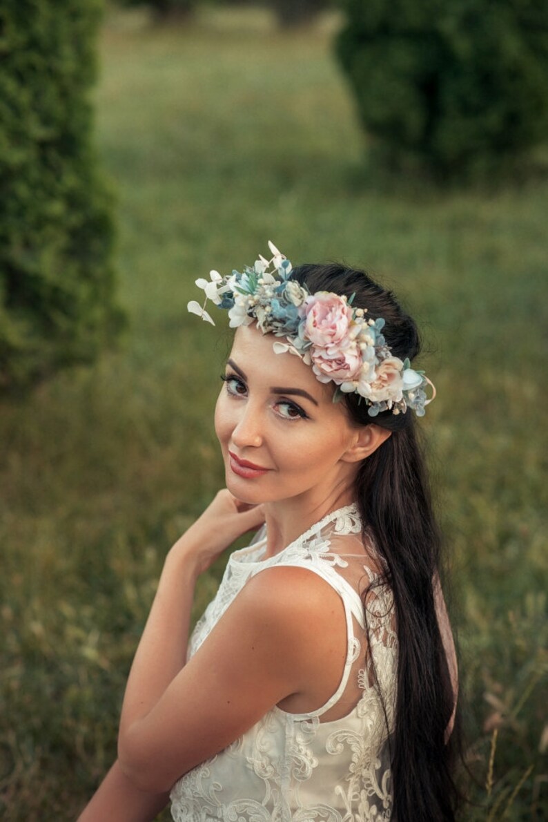 Blush pink pale blue flower crown Pastel Romantic wedding Bridal Blush pink pale blue flower crown Pastel Romantic wedding Bridal