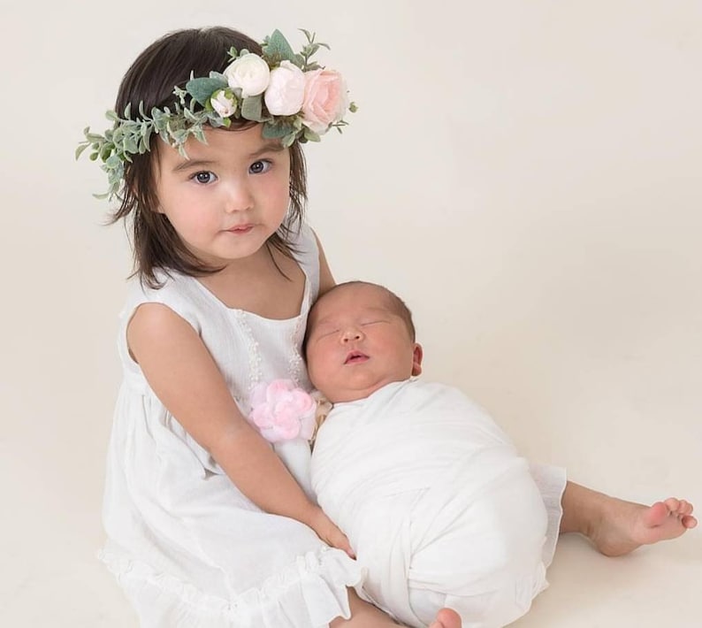 Baby crown Mommy and my Beige white eucalyptus flower crown Wedding hair wreath Bridal headpiece Boho Bridesmaid floral Leaves headband