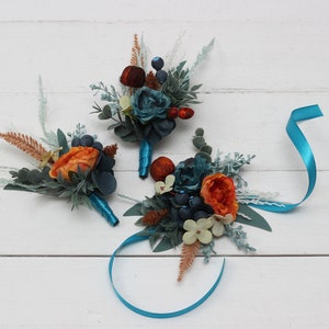 Dark teal rust flowers Navy blue orange accessories Boutonniere Buttonhole Wedding flowers Groom Wrist corsage Groomsmen
