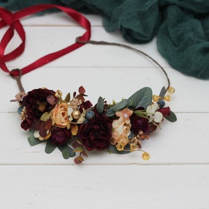 SALE Burgundy navy gold flower Deep red Eucalyptus floral headband Bridal hair wreath Wedding flower halo Maternity crown Bridesmaid crown Flower crown