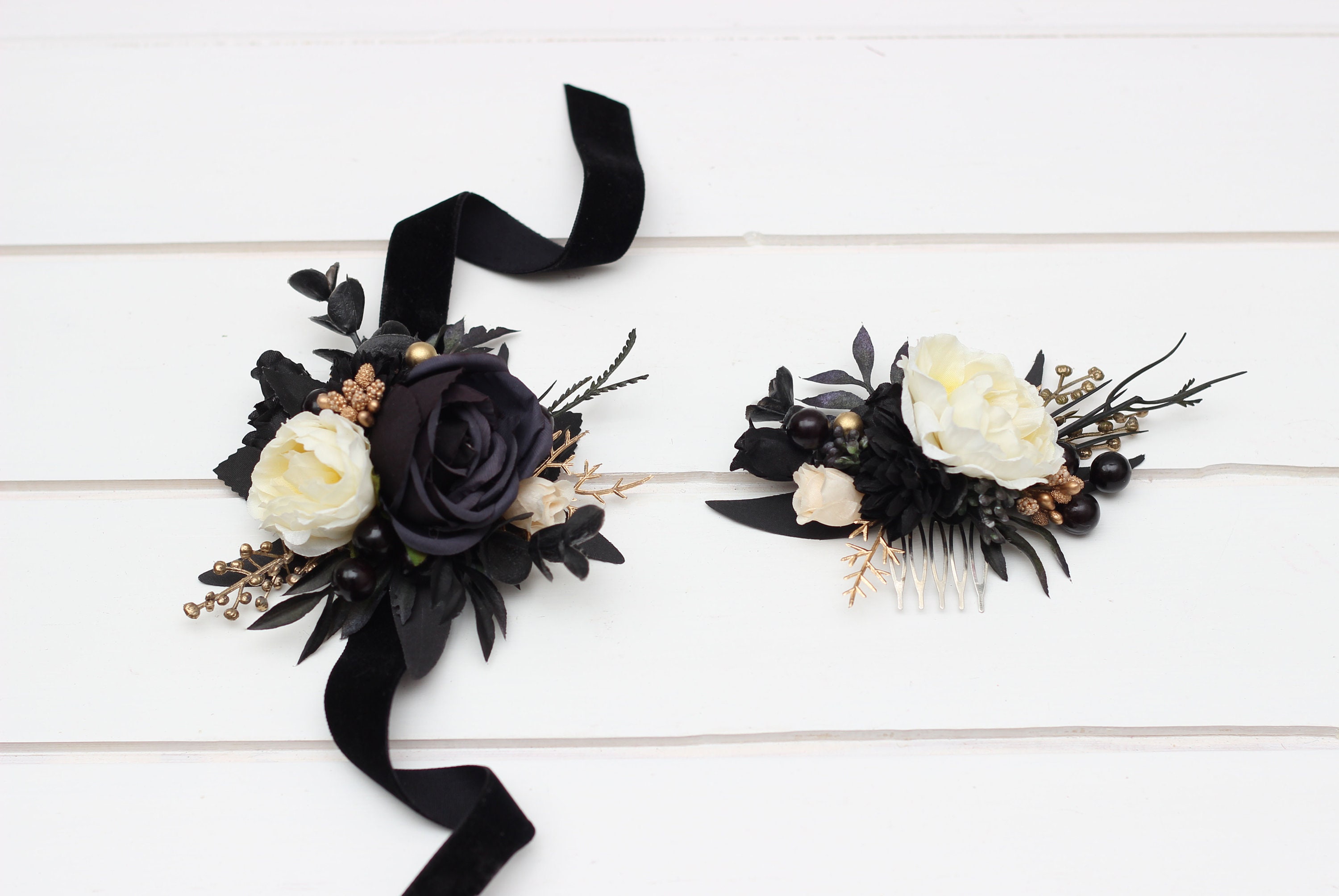 ★EMS★ CORSAGE FLAT BAGBLACK/IVORY Black Chiffon Satin Flower Wrist Corsage & Boutonniere Set