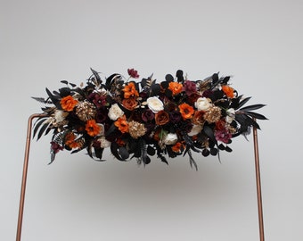 Purple black rust gold  arch  arrangement Halloween wedding Boho wedding flowers Faux flowers wedding arrangement Floral wedding arch