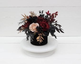Burgundy black gold beige flowers Fall wedding Halloween wedding centerpiece Table centerpiece Home floral decor Flowers in box