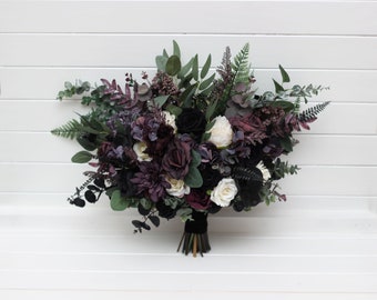 Deep purple black ivory green bouquet Bridal flowers Faux bouquet Fall wedding Wedding silk flowers Halloween wedding Bridesmaid bouquet