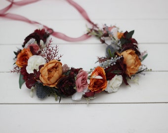 Burgundy Rust Dusty rose floral crown Flower wreath Wedding headpiece Burgundy wedding Bridal hairpiece Bridesmaid crown Maternity crown