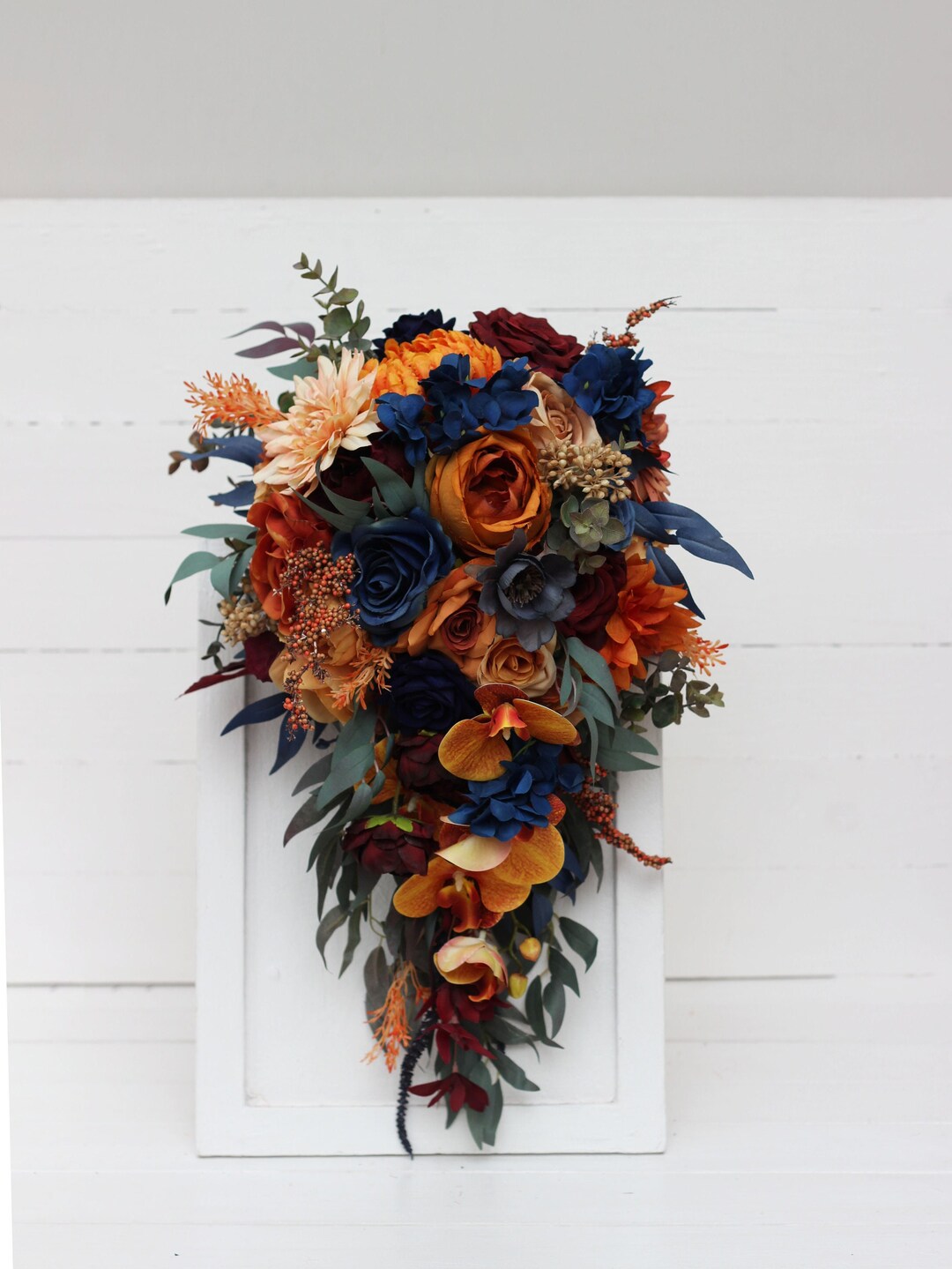 Cascading Bouquet Fall Wedding Bouquet Rust Orange Burgundy Navy Blue