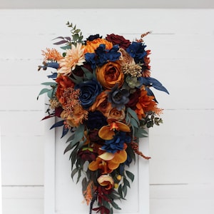 Cascading bouquet Fall wedding bouquet Rust orange burgundy navy blue Orchid dahlia bouquet Faux bouquet Wedding flowers Boho wedding