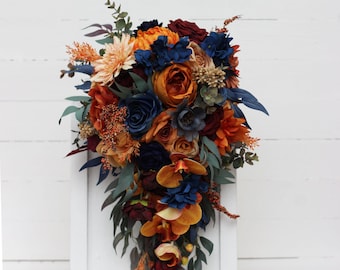 Cascading bouquet Fall wedding bouquet Rust orange burgundy navy blue Orchid dahlia bouquet Faux bouquet Wedding flowers Boho wedding