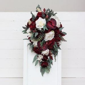 Cascading bouquet Burgundy ivory bouquet Bridal bouquet Faux bouquet  Wedding flowers Silk flowers Boho wedding