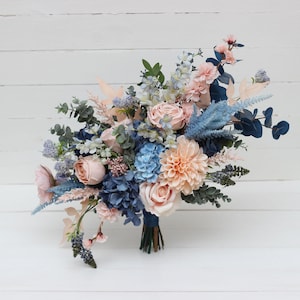 Dusty blue blush pink peach dahlia bridal bouquet Bridal flowers Pink wedding flowers Wedding bouquet