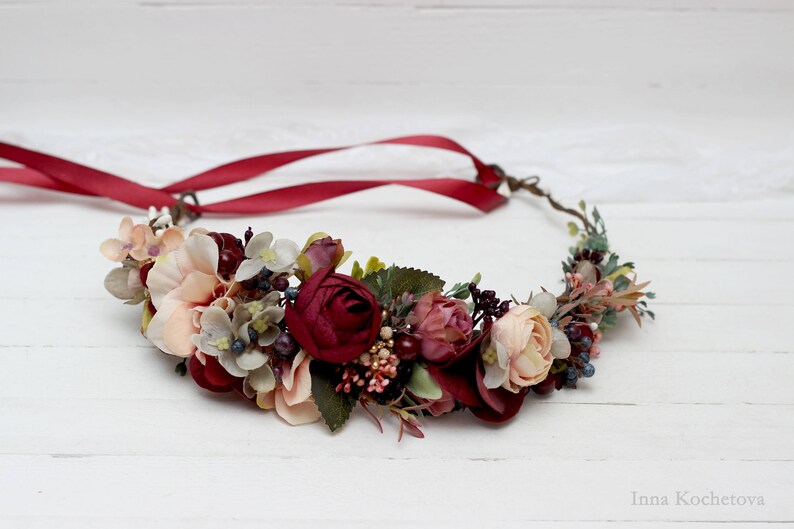 Burgundy beige flower crown Bridal hair wreath Woodland Etsy