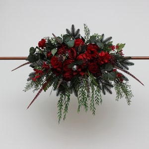 Winter pine arch flowers Red protea arrangement Faux cones  Winter wedding Vine silk flowers Boho wedding Hunter green