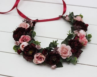 SALE!Burgundy blush pink flower crown Mommy and me Maroon headpiece Baby crown Bridal hairpiece Burgundy Flower girl Bridesmaid